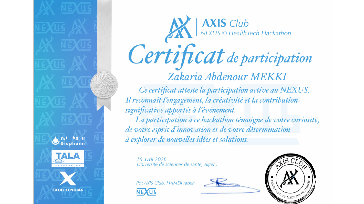 Nexus 1.0 Certificate - 3-day Med X AI hackathon, first place winner