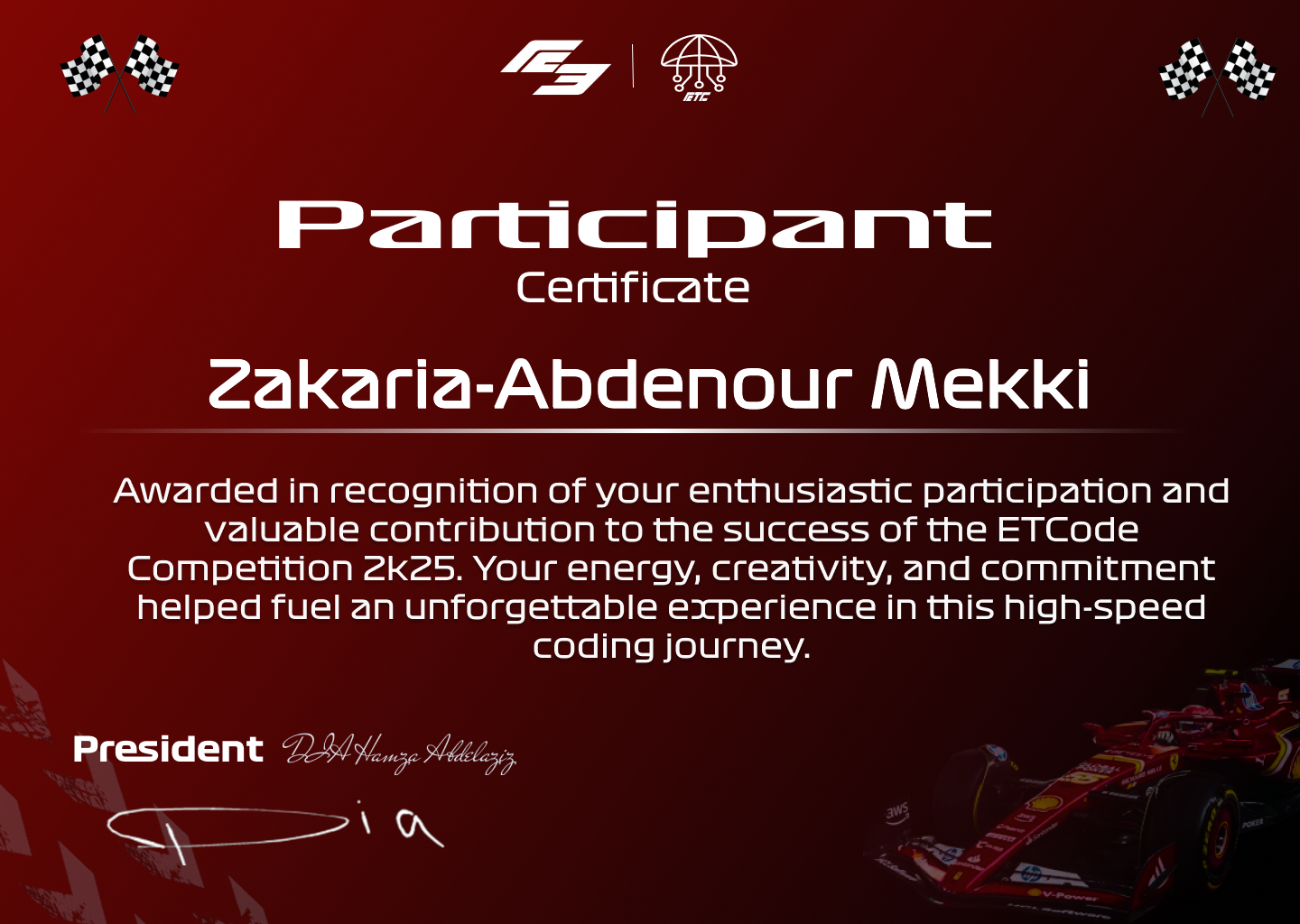 etCode Certificate - 2-day competitive programming contest at ENSIA, 6th place