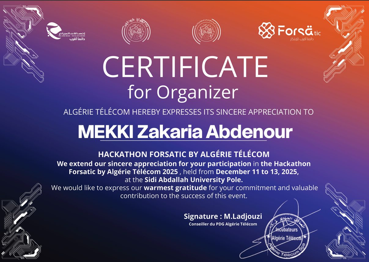 Forsatic Certificate - 3-day hackathon by Algerie Telecom