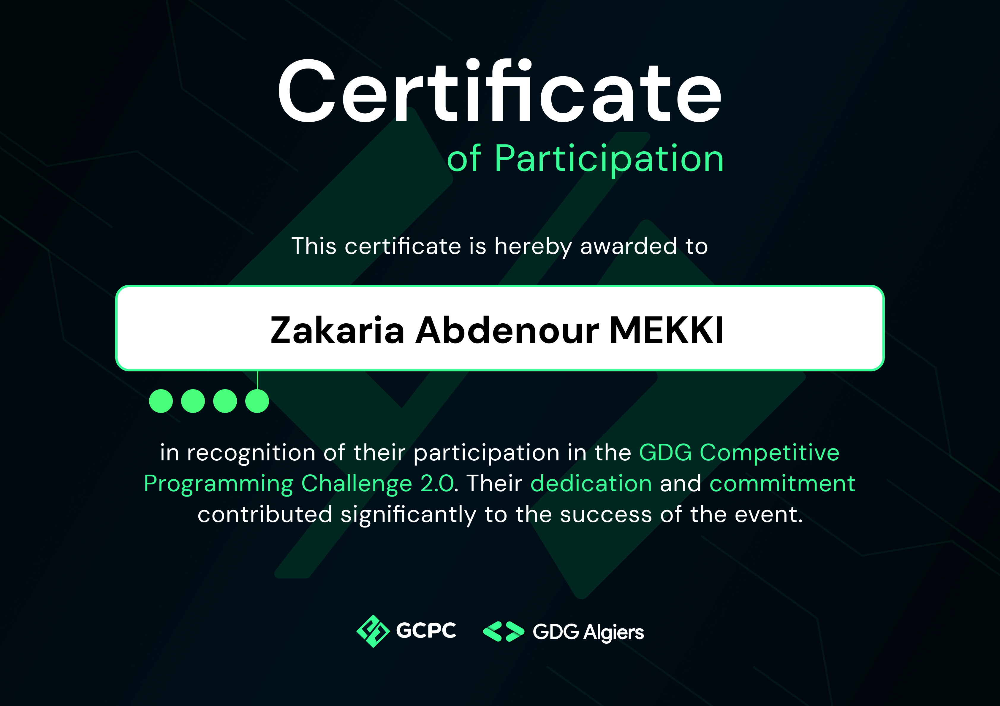 GCPC 2.0 Certificate - 2-day competitive programming at ESI, 7th place
