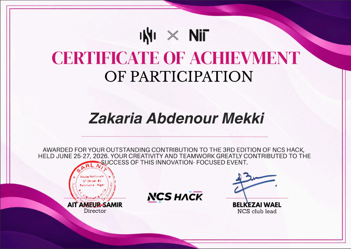 NCS Hack 3.0 Certificate - hackathon at NIT, built Orqis